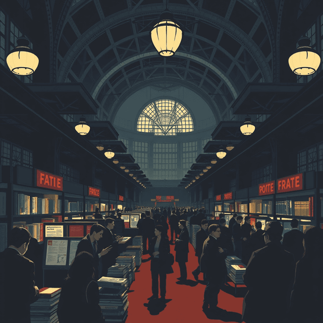 books, convention hall, people, dark moody tones, editorial illustration