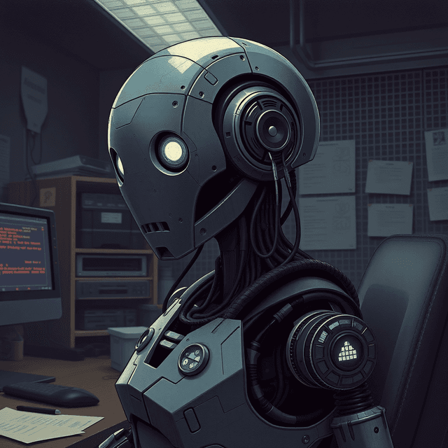humanoid robot, office setting, circuit board, dark moody tones, editorial illustration
