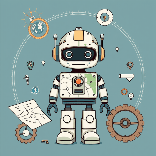 robot, map, navigation, gear, clean journalistic illustration, curious and analytical feel