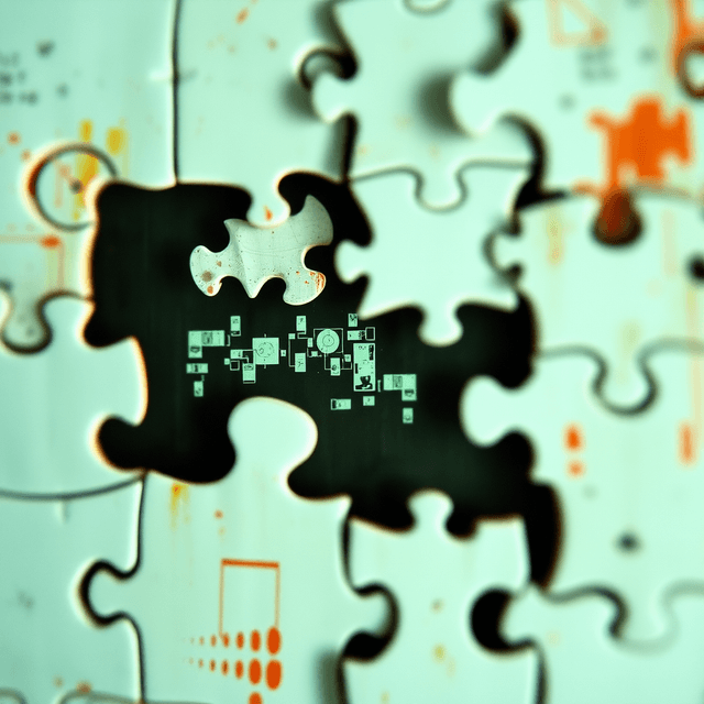 puzzle pieces, hidden image, computer vision, digital decay, scan line artifacts