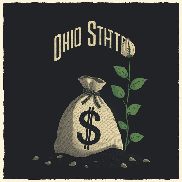 seed, money bag, plant, Ohio State University, dark moody tones, editorial illustration