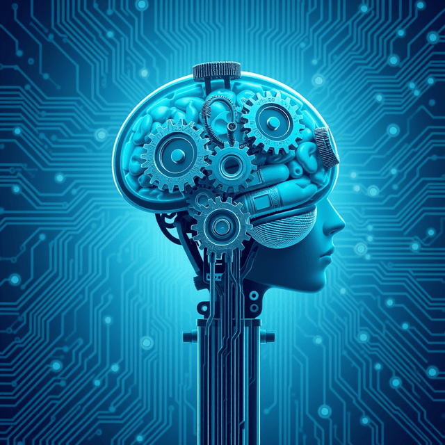 robot brain, gears, circuit board, curious and analytical feel, cool blue and teal tones