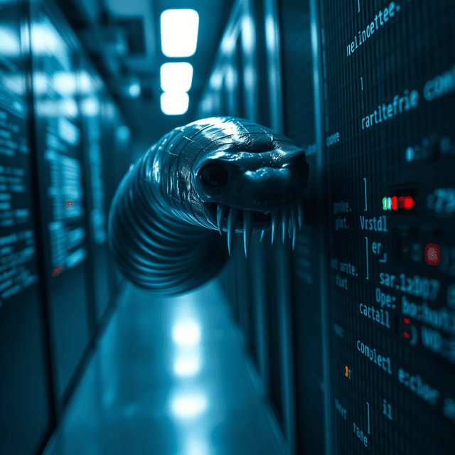 Malware worm, open-source code, server wipe, sharp tech-noir photography style, cool steel blues and white highlights