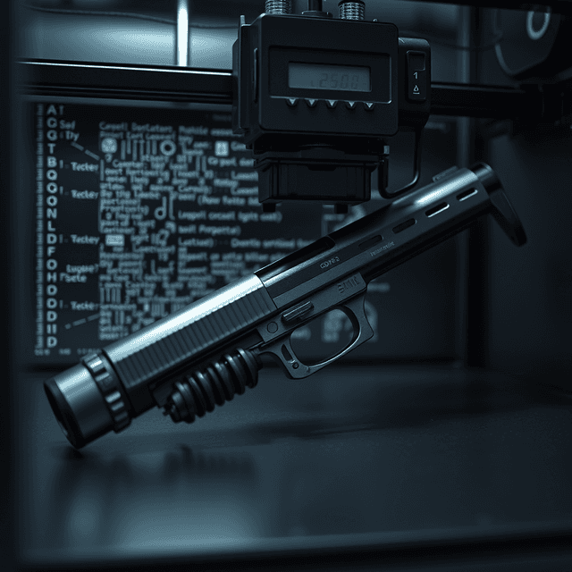 3d printer, gun parts, code, metallic surfaces, sharp tech-noir photography style