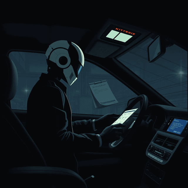 AI assistant, kitchen, car, bank account, dark moody tones, editorial illustration