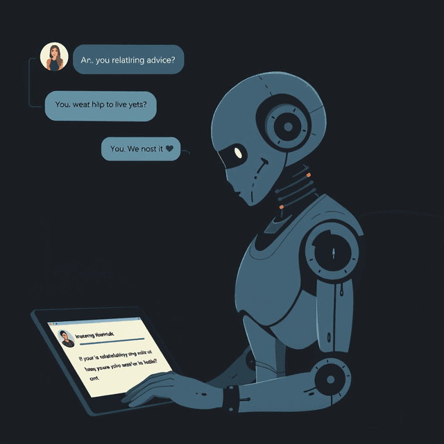 AI chatbot, relationship advice, lonely person, digital interface, dark moody tones, editorial illustration