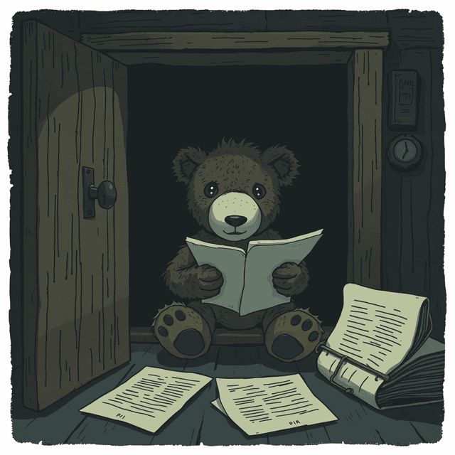 stuffed animal, secret documents, hidden room, dark moody tones, editorial illustration