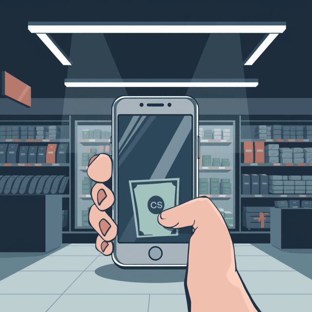 smartphone, retail store, cash, payment, dark moody tones, editorial illustration
