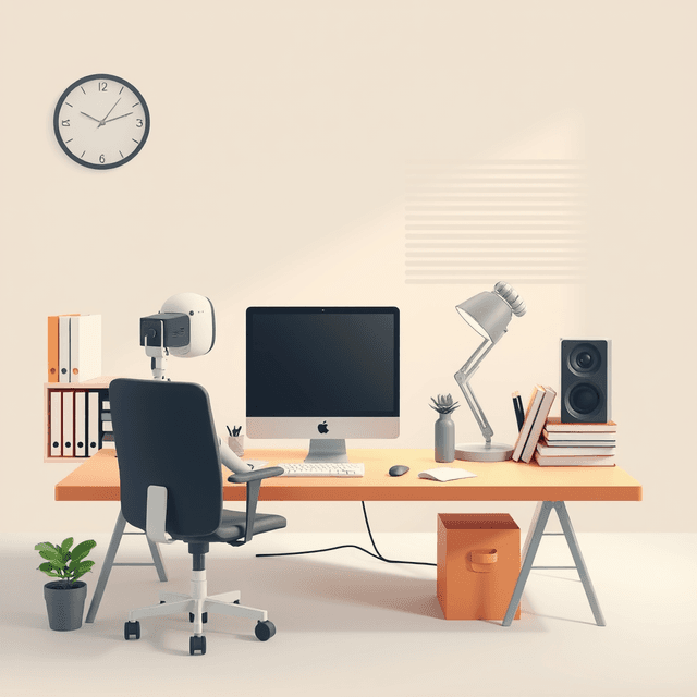 AI model, office desk, computer, clean journalistic illustration, curious and analytical feel