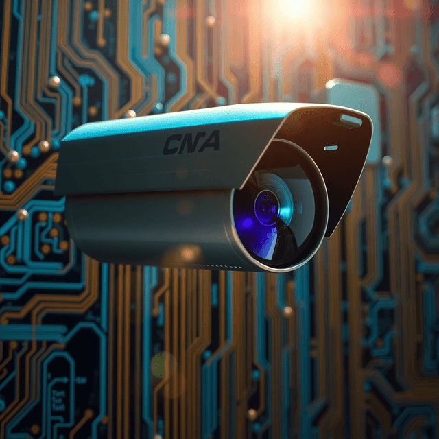 surveillance camera, data streams, circuit board, cool steel blues, lens flare accents