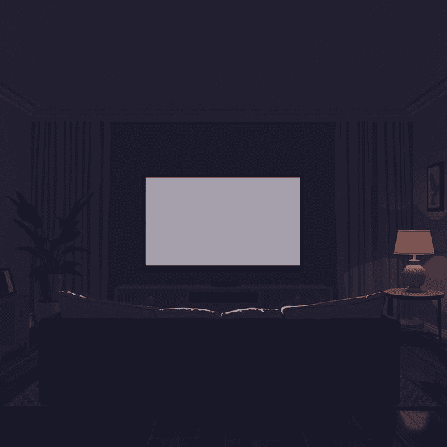 couch, screen, living room, dark moody tones, editorial illustration