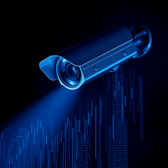 surveillance camera, data stream, legal document, court gavel, sharp tech-noir photography style, cool steel blues and