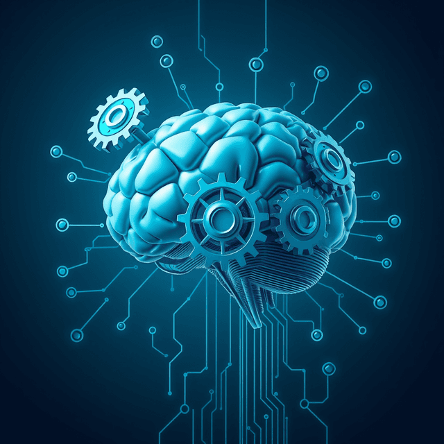 AI brain, thought process, gears, cool blue and teal tones, curious and analytical feel
