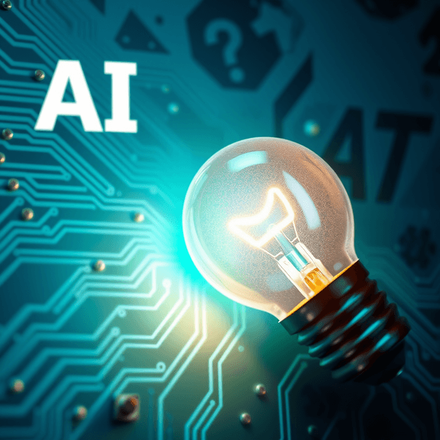 AI manual, circuit board, lightbulb, cool blue and teal tones, curious and analytical feel