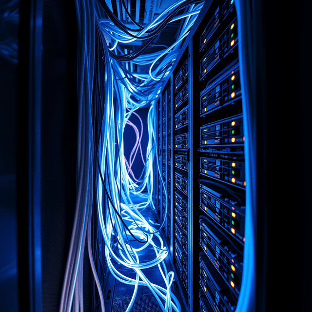 server rack, glowing cables, data center, sharp tech-noir photography style, cool steel blues