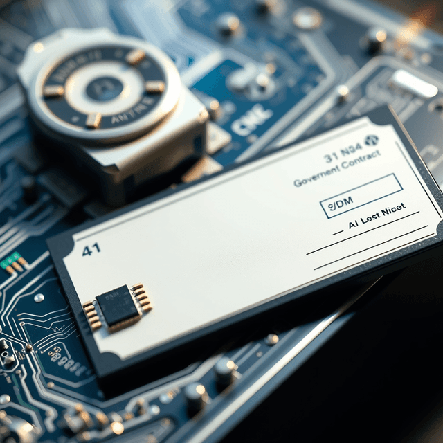 government contract, AI chip, blank check, cool steel blues, lens flare accents