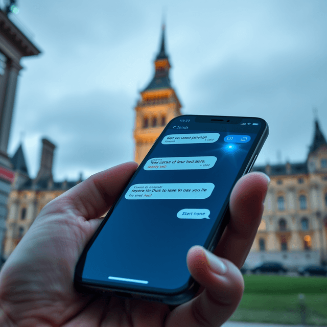 smartphone, encrypted messages, parliament building, cool steel blues, lens flare accents