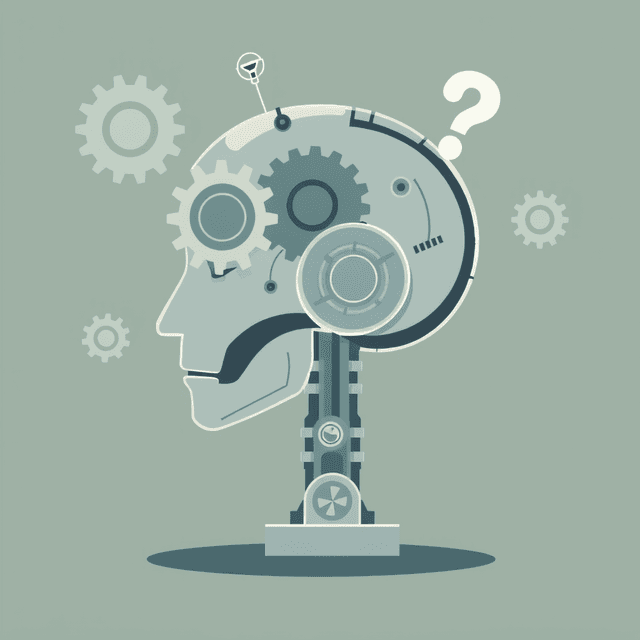 AI model, gears, brain, question mark, clean journalistic illustration, curious and analytical feel