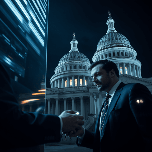 data pocket, government building, negotiation, sharp tech-noir photography style, cool steel blues