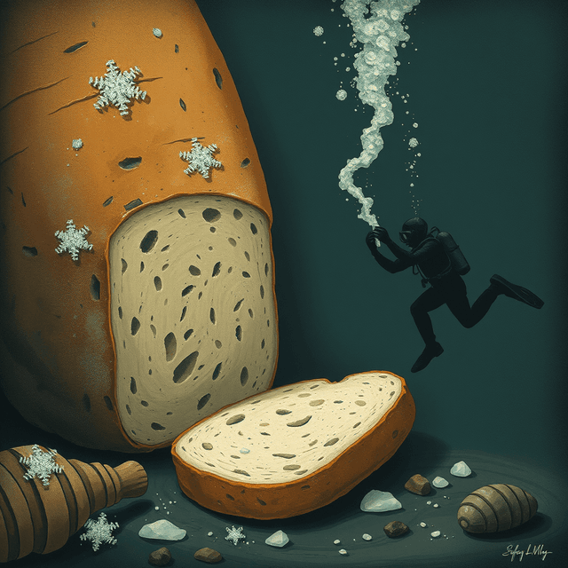 bread, salt water, deep-sea diver, dark moody tones, editorial illustration