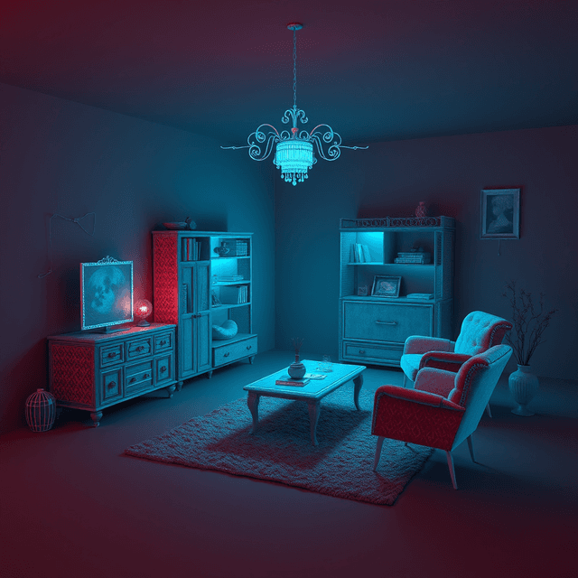furniture, 3d model, lidar scan, digital decay, scan lines, neon cyan
