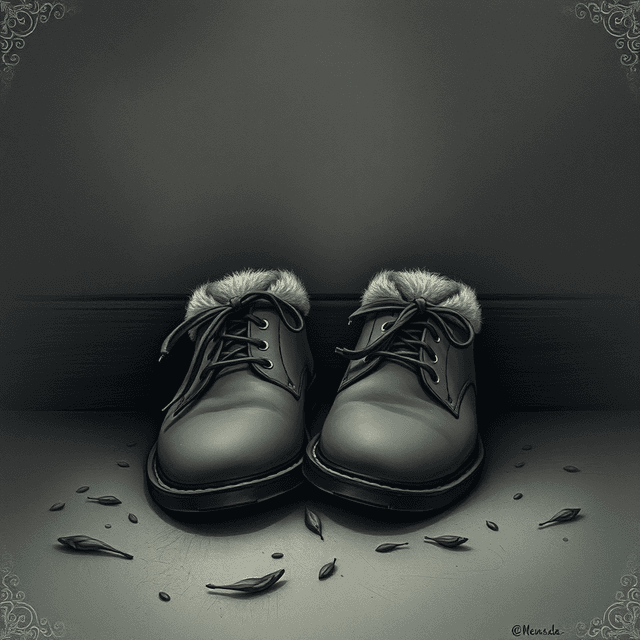 wool shoes, gray, soft texture, abandoned, dark moody tones, editorial illustration