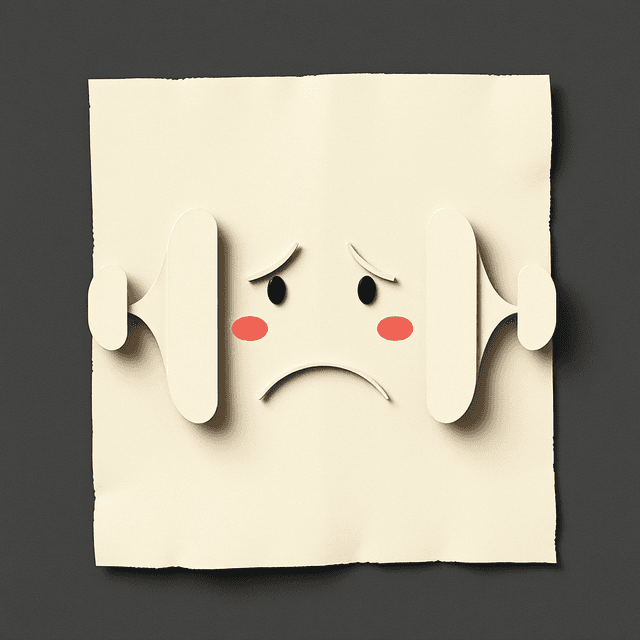 voice waves, paper form, sad face symbol, dark moody tones, editorial illustration