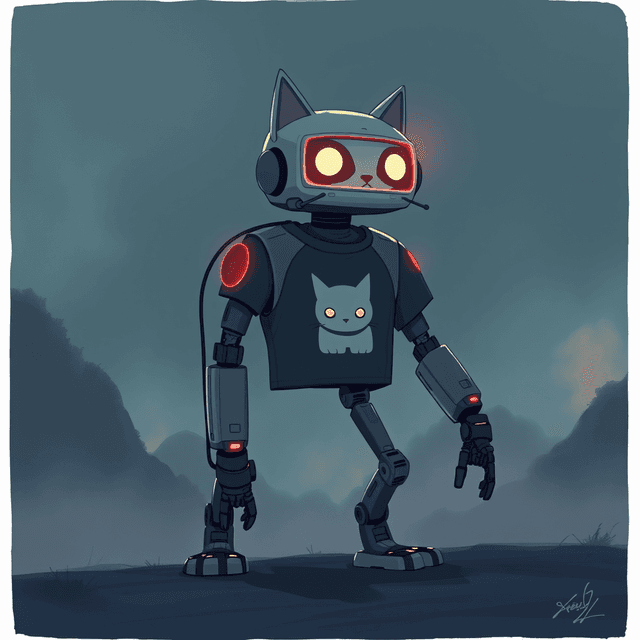 robot walker, cat t-shirt, glowing screen, dark moody tones, editorial illustration