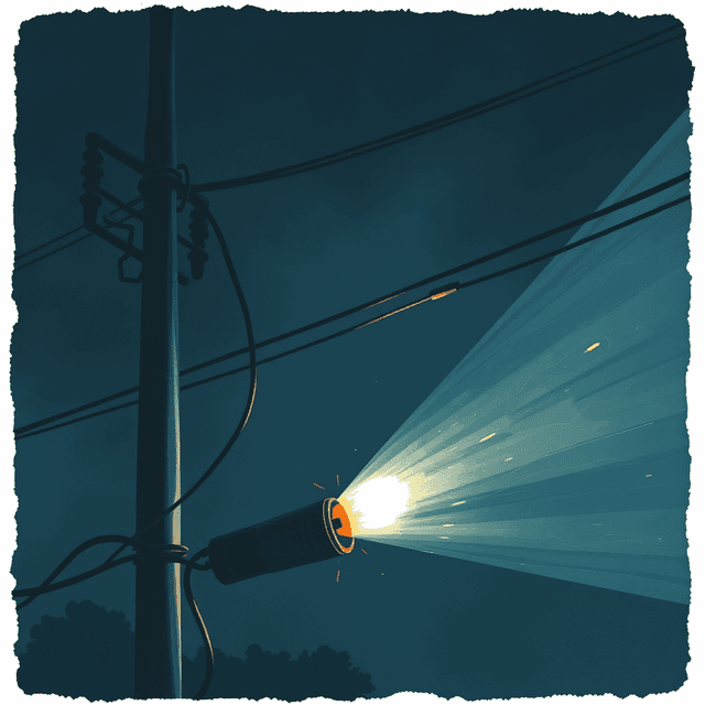 battery, wires, power outage, dark, torch, dark moody tones, editorial illustration