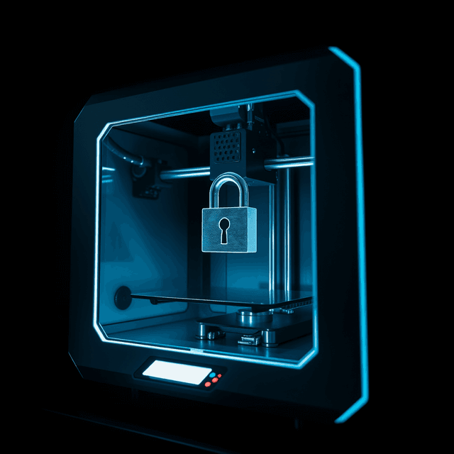 3D printer, censorware, digital lock, California, sharp tech-noir photography style, cool steel blues and white highlights