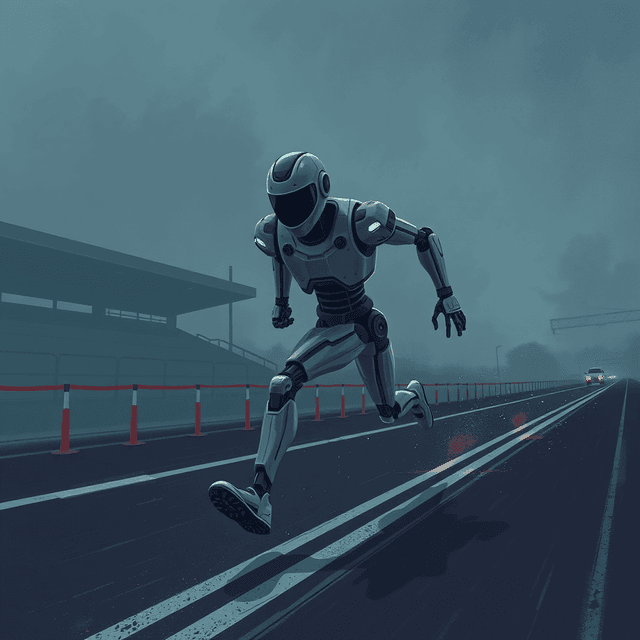 robot runner, finish line, track, dark moody tones, editorial illustration