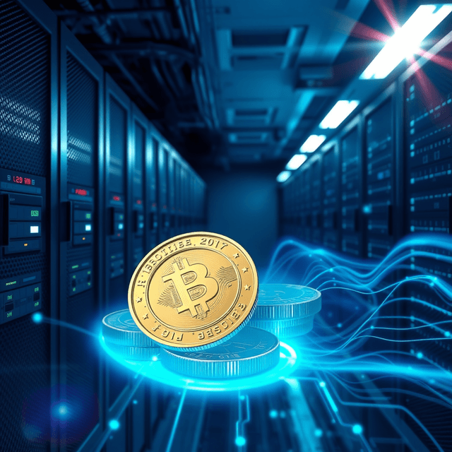 digital currency, server room, data breach, cool steel blues, lens flare accents