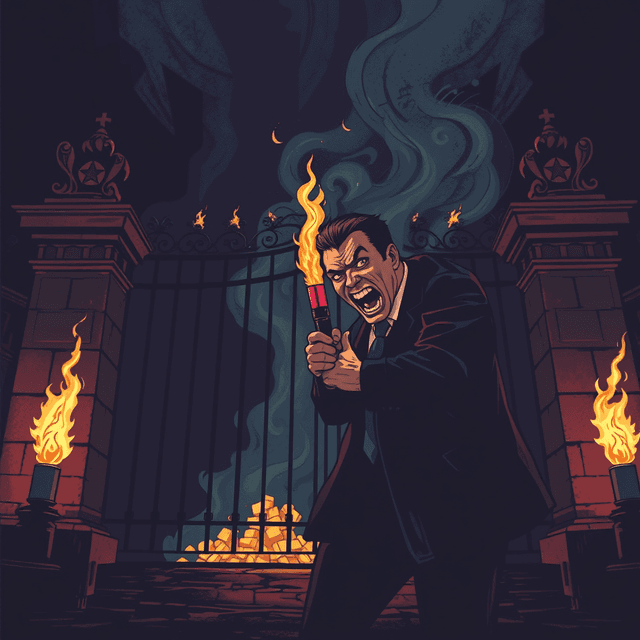 Molotov cocktail, burning gate, angry expression, dark moody tones, editorial illustration