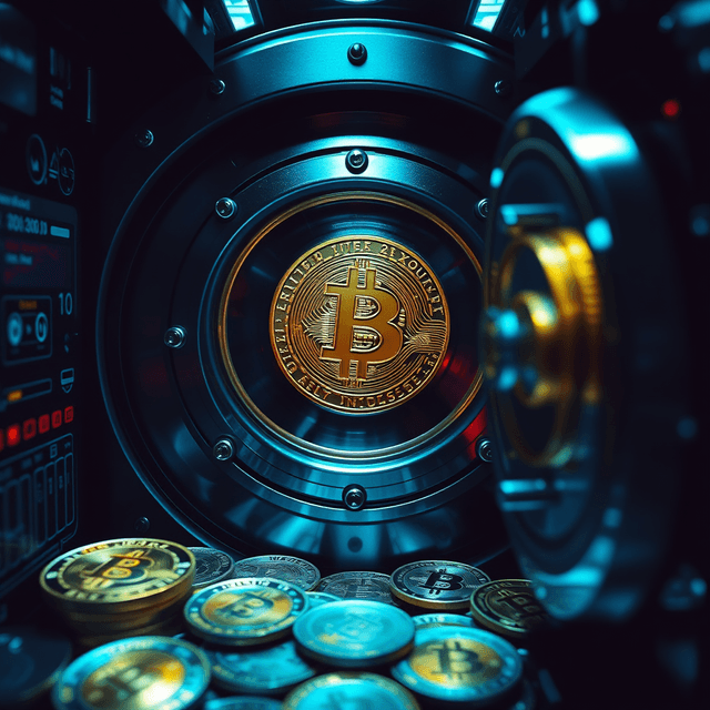 cryptocurrency exchange, data vault, digital currency, sharp tech-noir photography style, cool steel blues