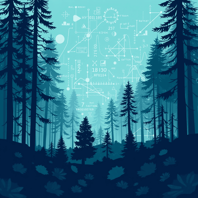 abstract math, forest growth, AI exploration, curious and analytical feel, cool blue and teal tones
