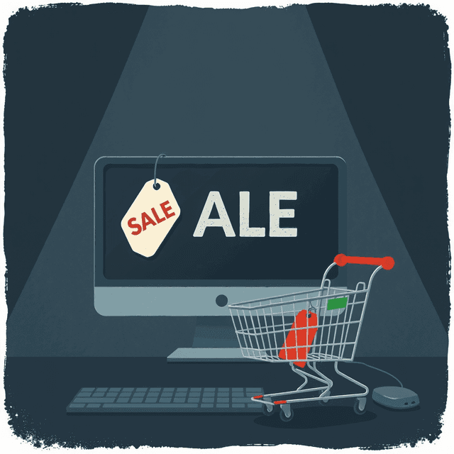 computer, sale tag, shopping cart, dark moody tones, editorial illustration