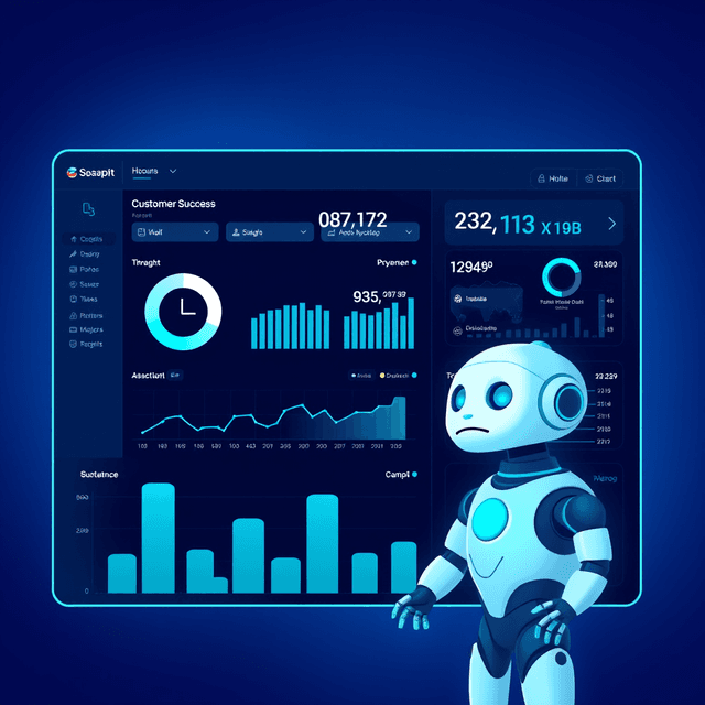 chatbot, customer success dashboard, data visualization, cool blue and teal tones, curious and analytical feel