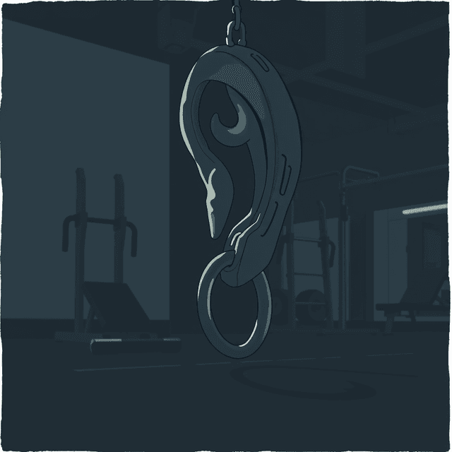 ear-hook, gym equipment, gym floor, dark moody tones, editorial illustration