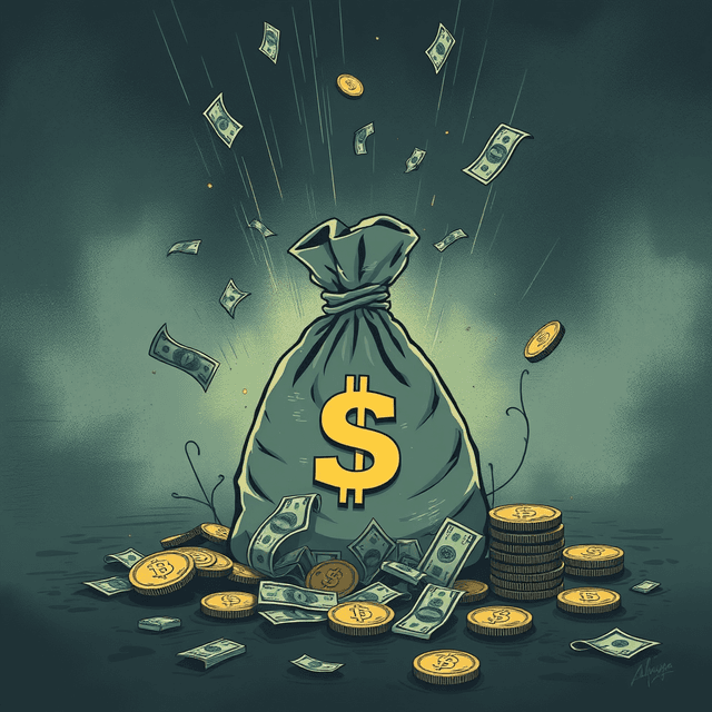 cryptocurrency, money bag, falling apart, dark moody tones, editorial illustration