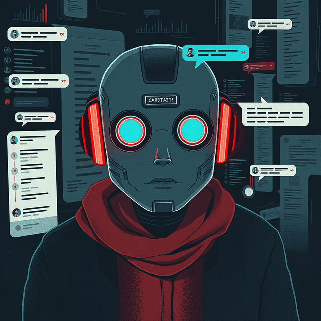 AI chatbot, data streams, human polls, confused mess, dark moody tones, editorial illustration