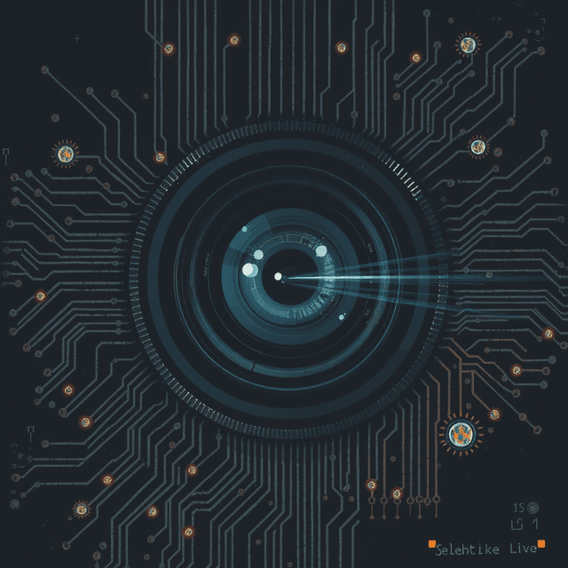 camera lens, circuit board, eye, dark moody tones, editorial illustration