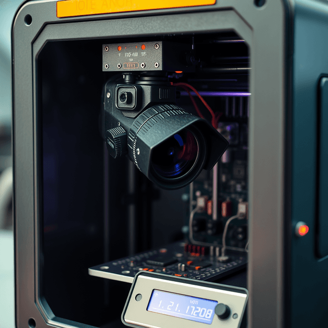 3D printer, surveillance camera, circuit board, sharp tech-noir photography style, cool steel blues