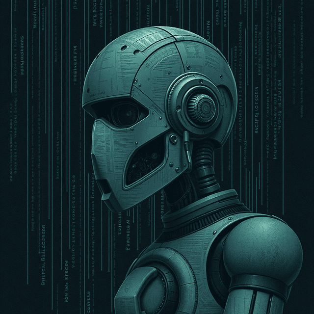 robot, dictionary, abstract code, dark moody tones, editorial illustration