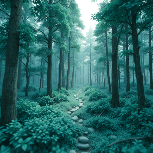 forest, 3D environment, AI vision, pixels, cool blue and teal tones, curious and analytical feel