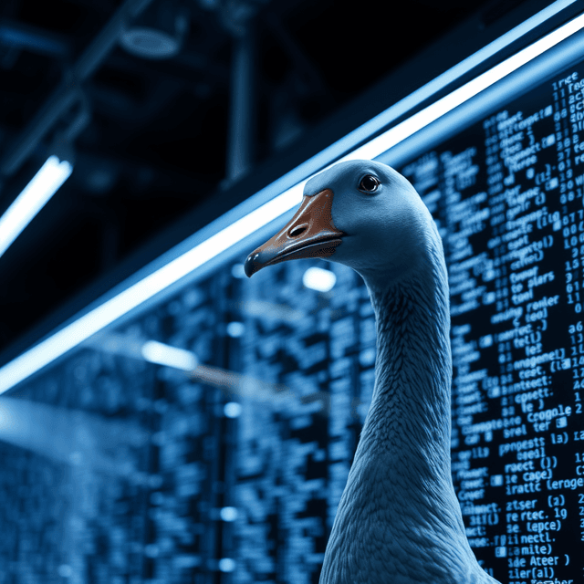 terminal, code, AI, Goose AI, sharp tech-noir photography style, cool steel blues and white highlights