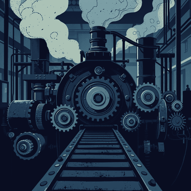 machine, factory, gears, conveyor belt, dark moody tones, editorial illustration