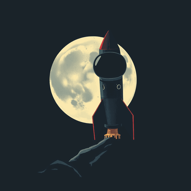 rocket, moon, astronaut helmet, dark moody tones, editorial illustration