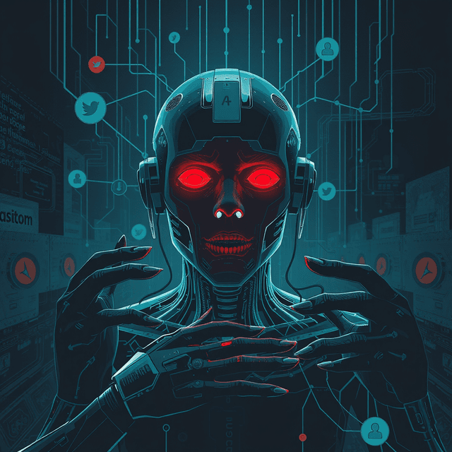 human desire, AI tool, manipulation, social network, dark moody tones, editorial illustration