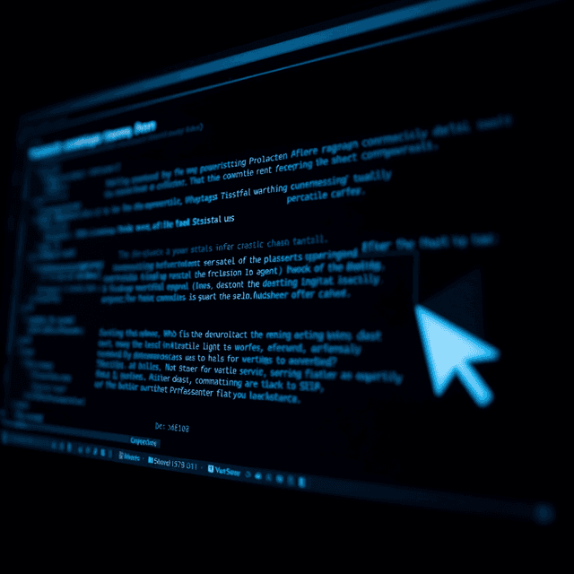 screen, text, mouse cursor, dark UI, sharp tech-noir photography style, cool steel blues and white highlights against dark