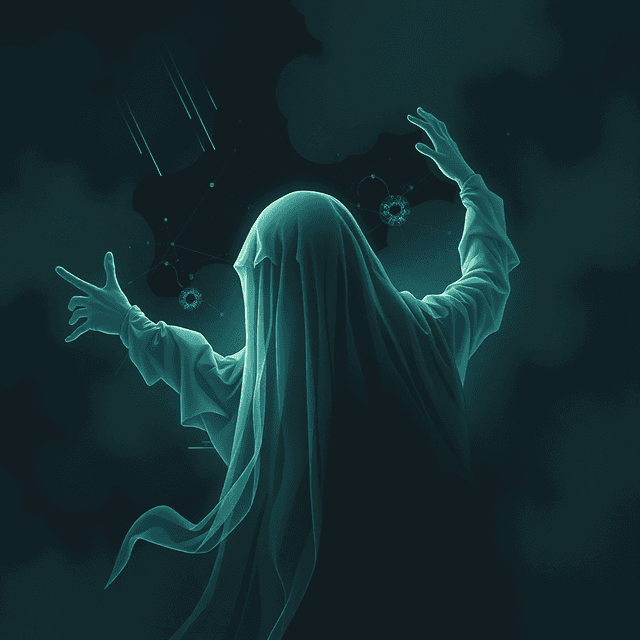 ghost, algorithm, melody, dark moody tones, editorial illustration